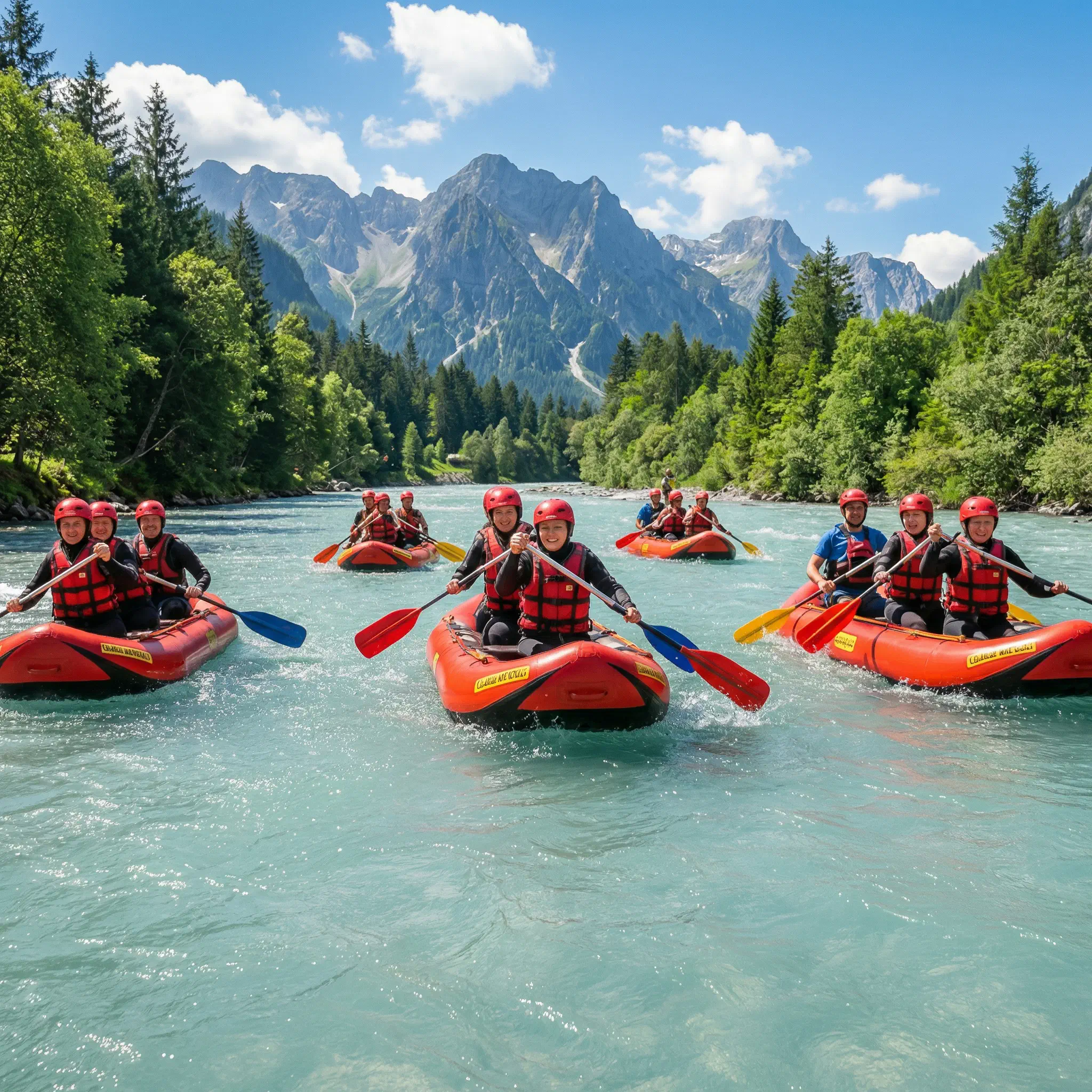 Canadiergruppe beim Paddeln auf Fluss